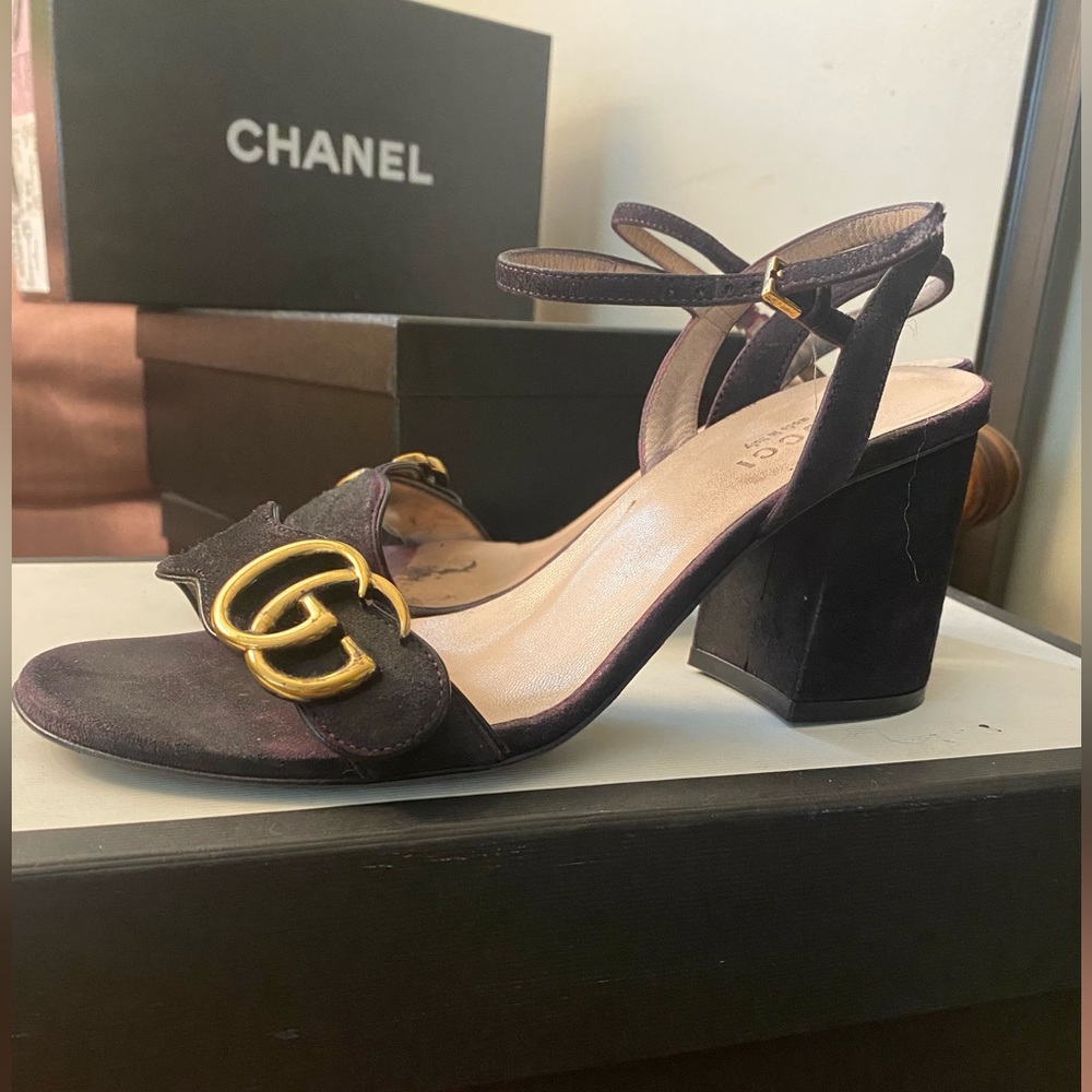 Kid Scamosciato GG Marmont Ankle Wrap Mid-Heel Sandals Shoes